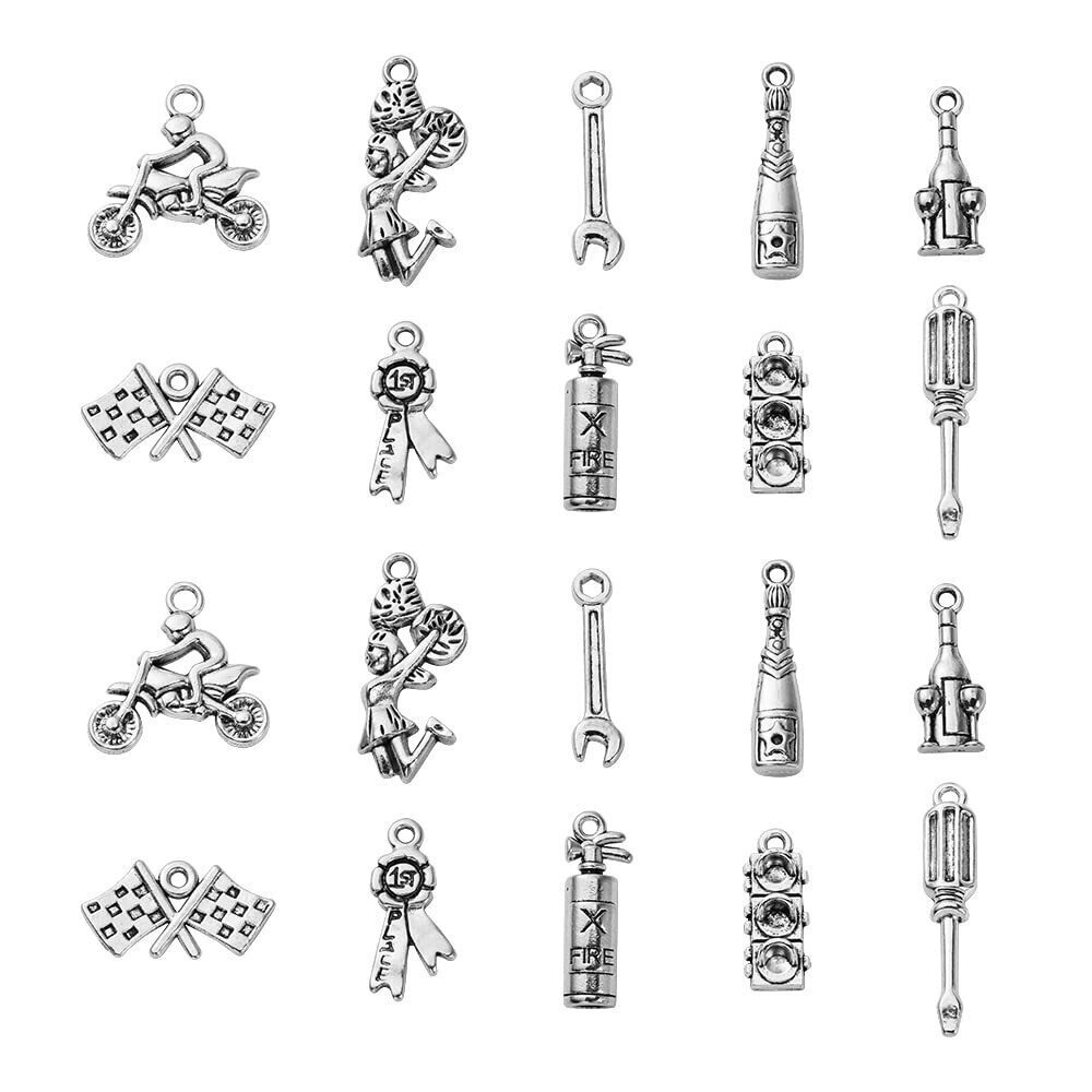 1150 100pcs 10 Styles Racer Theme Tibetan Style Alloy Charms Tibetan Racing